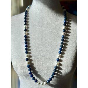 Vintage Lapis Lazuli And Freshwater Pearl Long Beaded Statement Necklace